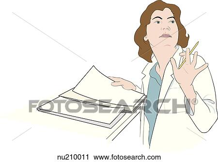 Clip Art - Healthcare professional (nurse), sitting at desk with documentation, turns to look behind her. She gestures with a pencil in her left hand.. Fotosearch