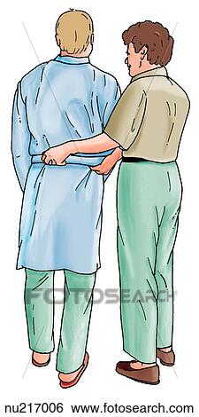 Stock Illustration - Illustration demonstrating nurse using a walking belt to support a patient while walking.. Fotosearch