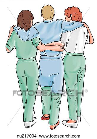 Stock Illustration - Illustration demonstrating one technique for two nurses to safely assist a patient to ambulate.. Fotosearch