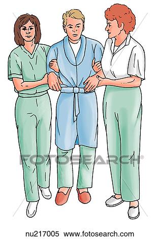 Stock Illustration - Illustration demonstrating one technique for two nurses to safely assist a patient to ambulate.. Fotosearch