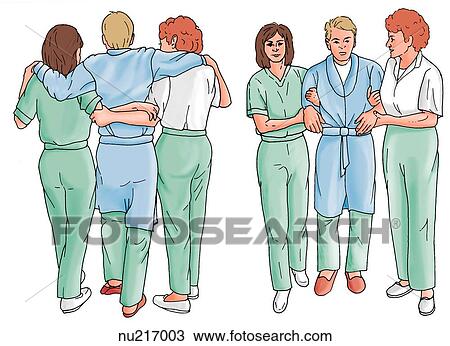 Drawing - Illustration demonstrating two techniques for two nurses to safely assist a patient to ambulate.. Fotosearch