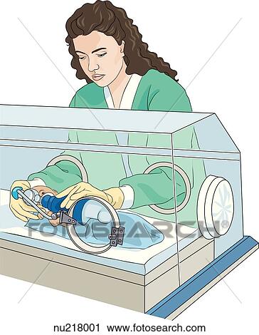 Infant in intensive care incubator. Nurse places gloved hands through portholes to touch baby. Nurse stands on far side of unit. View Large Illustration Clip Art - Infant in intensive care incubator. Nurse places gloved hands through portholes to touch baby. Nurse stands on far side of unit.. Fotosearch