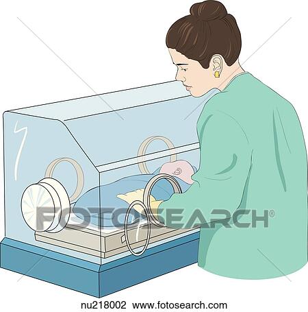 Drawing - Infant in intensive care incubator. Nurse places gloved hand through round window to touch baby. Nurse viewed from behind and to the side.. Fotosearch