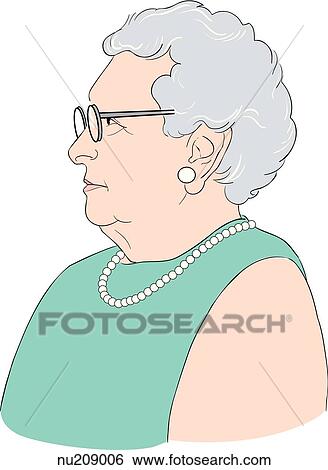 Lateral view of elderly woman wearing glasses and pearls. View Large Illustration Stock Illustration - Lateral view of elderly woman wearing glasses and pearls. . Fotosearch