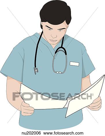 Stock Illustration - Male nurse standing, reviewing medical records.. Fotosearch
