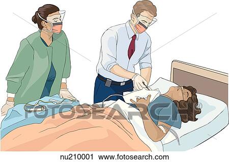 Nurse and doctor wearing face shields and masks perform emergency tracheostomy on female patient. View Large Illustration Clip Art - Nurse and doctor wearing face shields and masks perform emergency tracheostomy on female patient.. Fotosearch