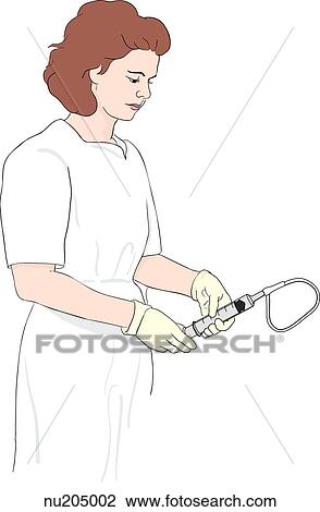Drawing - Nurse aspirating stomach fluids into syringe of nasogastric feeding tube.. Fotosearch