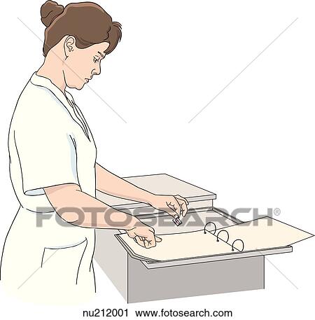 Nurse comparing unit-dose medication to order on patient record. View Large Illustration Clip Art - Nurse comparing unit-dose medication to order on patient record.. Fotosearch