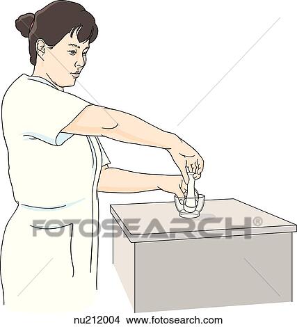 Stock Illustration - Nurse crushing pill in cup with morter and pestle.. Fotosearch