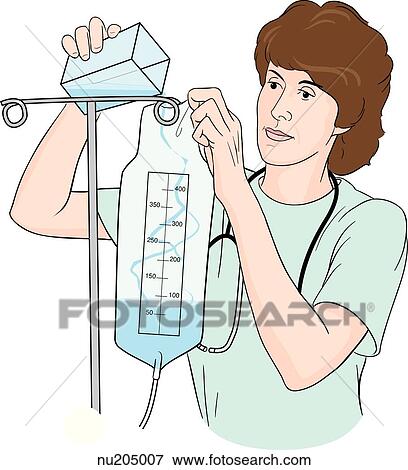 Stock Illustration - Nurse flushing feeding bag with water.. Fotosearch