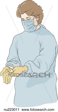 Clip Art - Nurse holds gown away from body and folds contaminated side of gown toward the inside.. Fotosearch