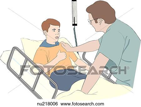 Nurse lays hand upon shoulder of sick child in hospital bed. View Large Illustration Stock Illustration - Nurse lays hand upon shoulder of sick child in hospital bed.. Fotosearch