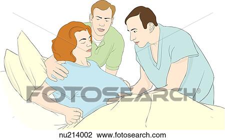 Nurse leans over pregnant patient, placing hands on belly. Husband lends support from behind patient. View Large Illustration Drawing - Nurse leans over pregnant patient, placing hands on belly. Husband lends support from behind patient.. Fotosearch