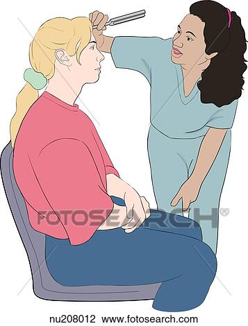Nurse places tuning fork on seated patient's forehead to test for hearing loss. View Large Illustration Drawing - Nurse places tuning fork on seated patient's forehead to test for hearing loss.. Fotosearch