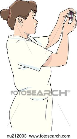 Nurse pouring liquid medication into medicine cup, cup is held at eye level. View Large Illustration Drawing - Nurse pouring liquid medication into medicine cup, cup is held at eye level.. Fotosearch