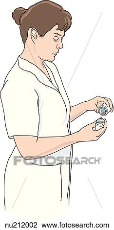 Nurse pouring pill from a multidose bottle into another container. View Large Illustration Drawing - Nurse pouring pill from a multidose bottle into another container.. Fotosearch