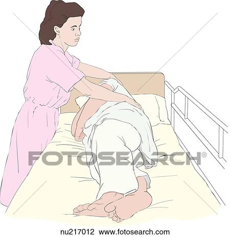 Nurse rolls patient toward her with one hand on patient's far shoulder and other on far hip. View Large Illustration Drawing - Nurse rolls patient toward her with one hand on patient's far shoulder and other on far hip.. Fotosearch