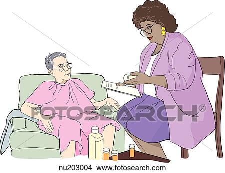Stock Illustration - Nurse seated next to seated elderly woman in home setting, reviewing medications.. Fotosearch