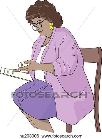 Stock Illustration - Nurse seated, reading medicine bottle and holding documentation.. Fotosearch