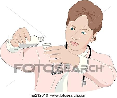 Nurse shown from shoulders up, pouring liquid medication into medicine cup, cup is held at eye level. View Large Illustration Clipart - Nurse shown from shoulders up, pouring liquid medication into medicine cup, cup is held at eye level.. Fotosearch
