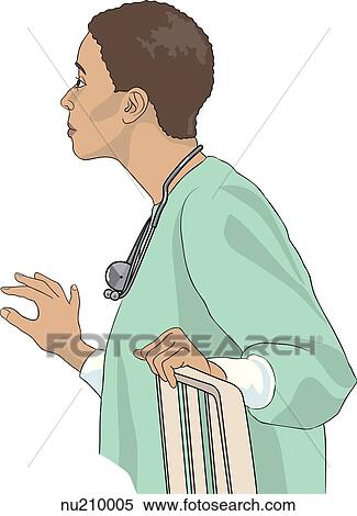 Stock Illustration - Nurse shown from waist up holding rail of hospital bed looking up and to the right.. Fotosearch