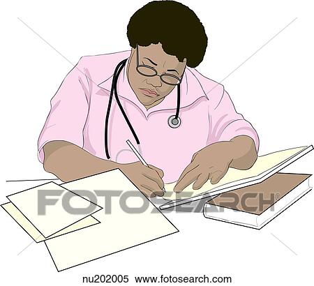 Nurse sitting at desk surrounded by papers and a book, writing up documentation View Large Illustration Stock Illustration - Nurse sitting at desk surrounded by papers and a book, writing up documentation. Fotosearch