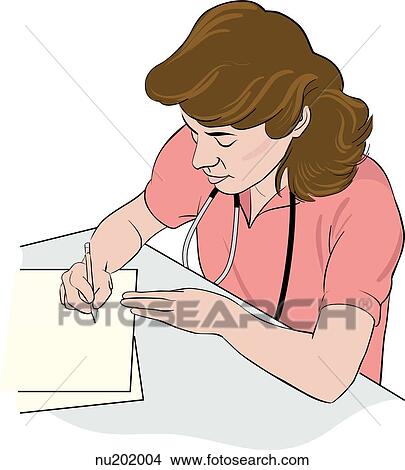 Nurse sitting at desk, writing up documentation. View Large Illustration Stock Illustration - Nurse sitting at desk, writing up documentation.. Fotosearch