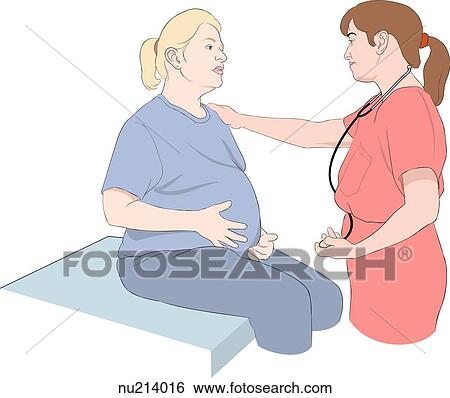 Stock Illustration - Nurse, standing, places arm on shoulder of pregant woman in a consoling manner.. Fotosearch