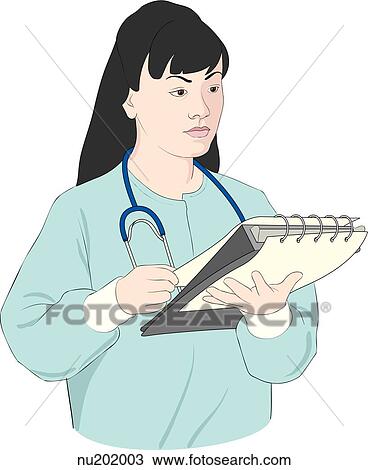 Drawing - Nurse standing, reviewing patient chart.. Fotosearch