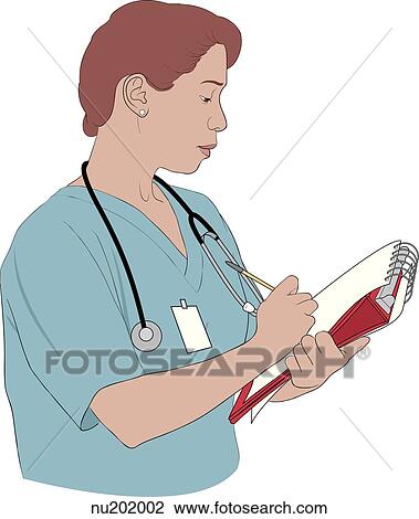 Drawing - Nurse standing, writing in patient chart.. Fotosearch