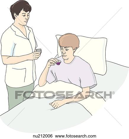 Nurse stands by with a cup of water as patient prepares to take liquid medication in medication cup. Patient is sitting up in hospital bed. View Large Illustration Stock Illustration - Nurse stands by with a cup of water as patient prepares to take liquid medication in medication cup. Patient is sitting up in hospital bed.. Fotosearch