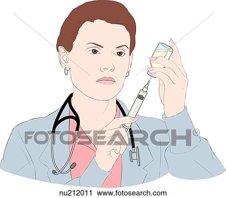 Nurse viewed from shoulders up as she measures a dose of medicine from a vial into a syringe. View Large Illustration Clip Art - Nurse viewed from shoulders up as she measures a dose of medicine from a vial into a syringe.. Fotosearch
