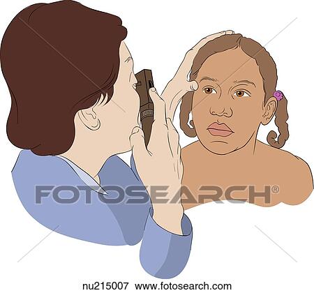 Nurse, viewed from shoulders up, looks with ophthalmoscope into right eye of young girl. View Large Illustration Stock Illustration - Nurse, viewed from shoulders up, looks with ophthalmoscope into right eye of young girl.. Fotosearch