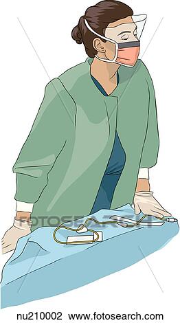 Drawing - Nurse wearing face shield and mask leans over some of the instruments used to perform a tracheostomy.. Fotosearch