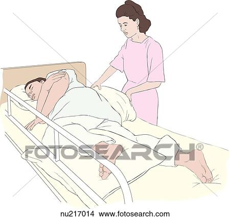 Nurse wedges pillow behind patient's back. Patient is in side-lying position with second pillow placed between legs. View Large Illustration Stock Illustration - Nurse wedges pillow behind patient's back. Patient is in side-lying position with second pillow placed between legs.. Fotosearch