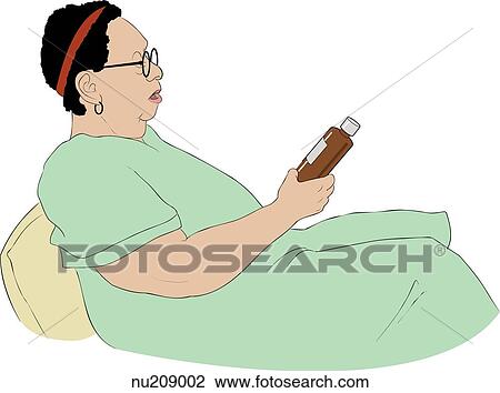 Older woman, seated, looking at bottle of medicine. View Large Illustration Drawing - Older woman, seated, looking at bottle of medicine.. Fotosearch