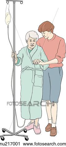 Clip Art - Person in street clothes helps elderly woman to walk. Person has positioned herself behind patient while supporting her by waist and hand. Patient wears robe and pushes IV stand.. Fotosearch