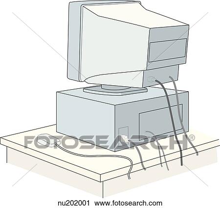 Posterolateral view of a computer on a desk. View Large Illustration Clip Art - Posterolateral view of a computer on a desk.. Fotosearch