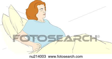 Drawing - Pregnant patient in hospital bed sits up grasping sheets.. Fotosearch