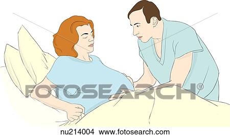 Stock Illustration - Pregnant patient in hospital bed sits up grasping sheets. Nurse leans over pregnant patient, placing hands on belly.. Fotosearch