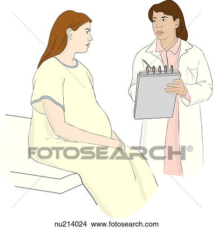 Pregnant woman in hospital gown seated next to nurse who writes into chart. View Large Illustration Stock Illustration - Pregnant woman in hospital gown seated next to nurse who writes into chart.. Fotosearch
