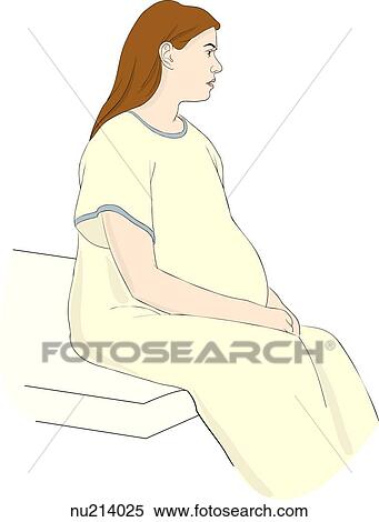 Pregnant woman in hospital gown seated on edge of bed. View Large Illustration Stock Illustration - Pregnant woman in hospital gown seated on edge of bed.. Fotosearch