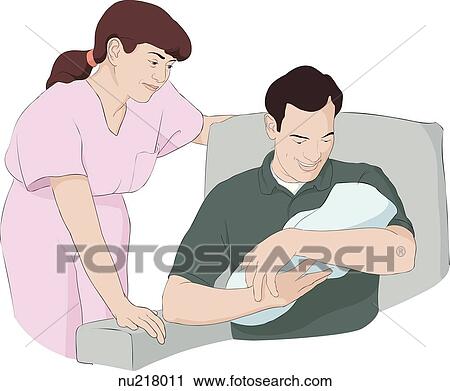 Clip Art - Seated, smiling, father looks down at newborn he is holding while nurse looks on.. Fotosearch