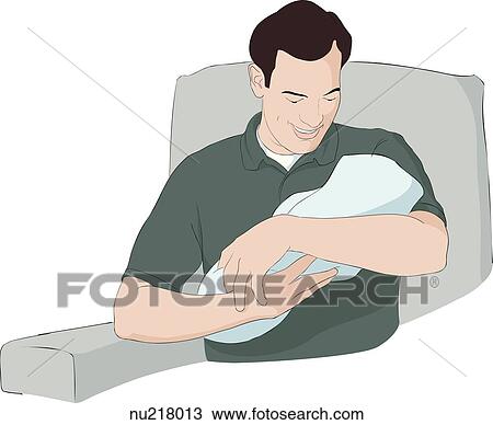 Seated, smiling, father looks down at newborn he is holding. View Large Illustration Drawing - Seated, smiling, father looks down at newborn he is holding.. Fotosearch