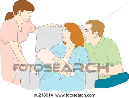 Seated smiling parents, mother holding newborn, look up at nurse. View Large Illustration Stock Illustration - Seated smiling parents, mother holding newborn, look up at nurse.. Fotosearch