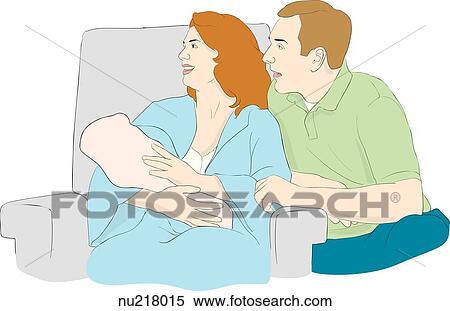 Seated smiling parents, mother holding newborn, look up and to their right. View Large Illustration Stock Illustration - Seated smiling parents, mother holding newborn, look up and to their right.. Fotosearch