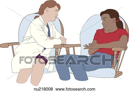 Seated teenaged girl having conversation with nurse. Nurse listens intently. View Large Illustration Stock Illustration - Seated teenaged girl having conversation with nurse. Nurse listens intently.. Fotosearch