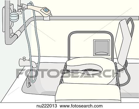 Shower in a health care facility outfitted for safety with grab bars, safety rails, shower seat, and transfer seat. View Large Illustration Drawing - Shower in a health care facility outfitted for safety with grab bars, safety rails, shower seat, and transfer seat.. Fotosearch