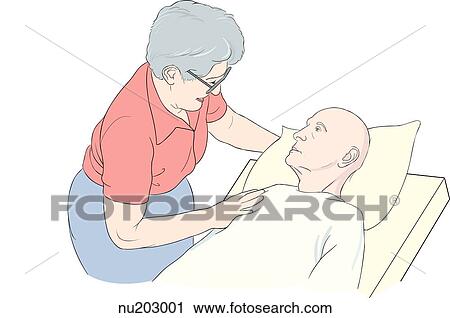 Clip Art - Smiling nurse comforts elderly male patient lying in hospital bed.. Fotosearch