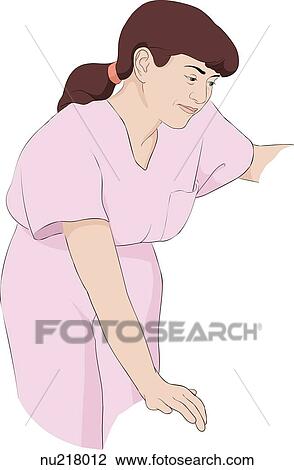 Drawing - Standing nurse wearing scrubs leans over and smiles.. Fotosearch